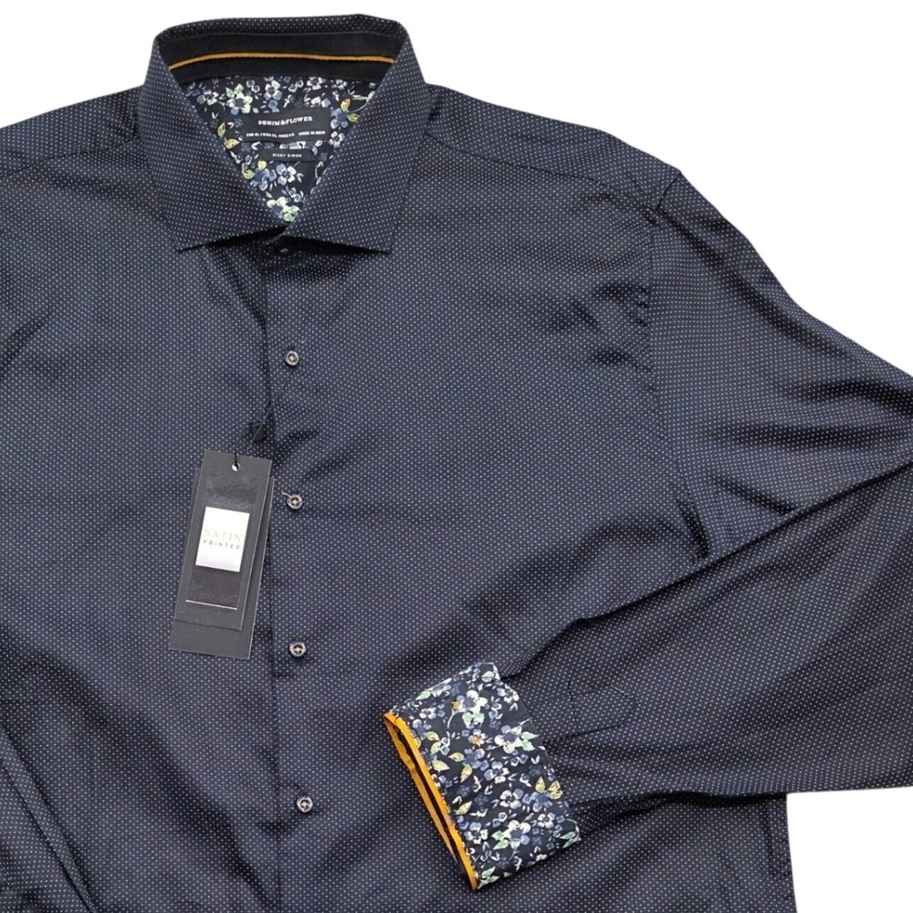 NWT Denim & Flower Ricky Singh L/S Shirt Floral Flip Cuffs Navy Blue Mens XL